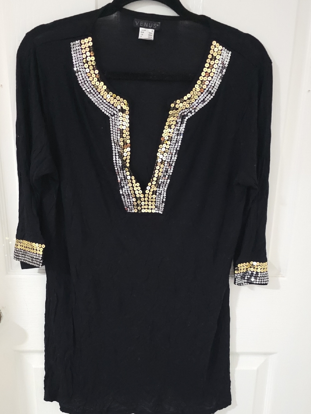 VENUS Black Tunic with Gold & Silver Sequin Trim